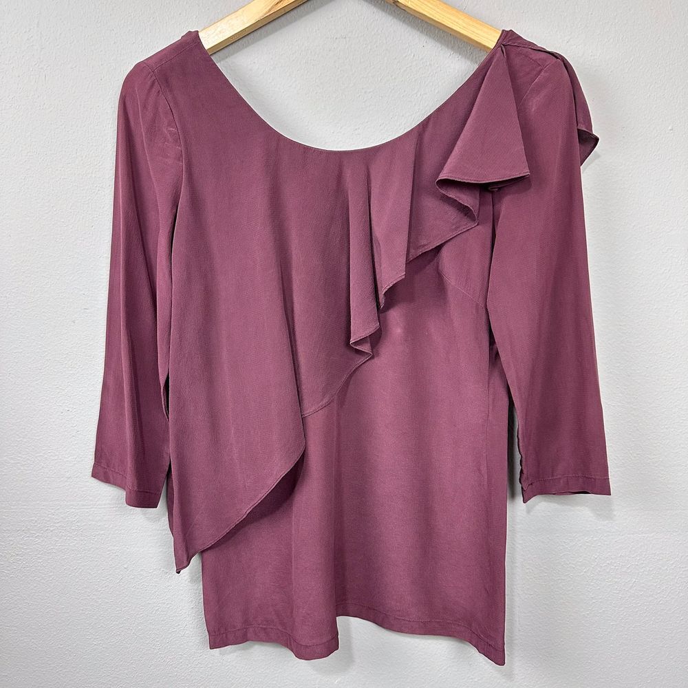 See by Chloe Silk Ruffle Blouse Size 2 Burgundy Asymmetric Romantic‎ Artsy FLAWS - Picture 11 of 16